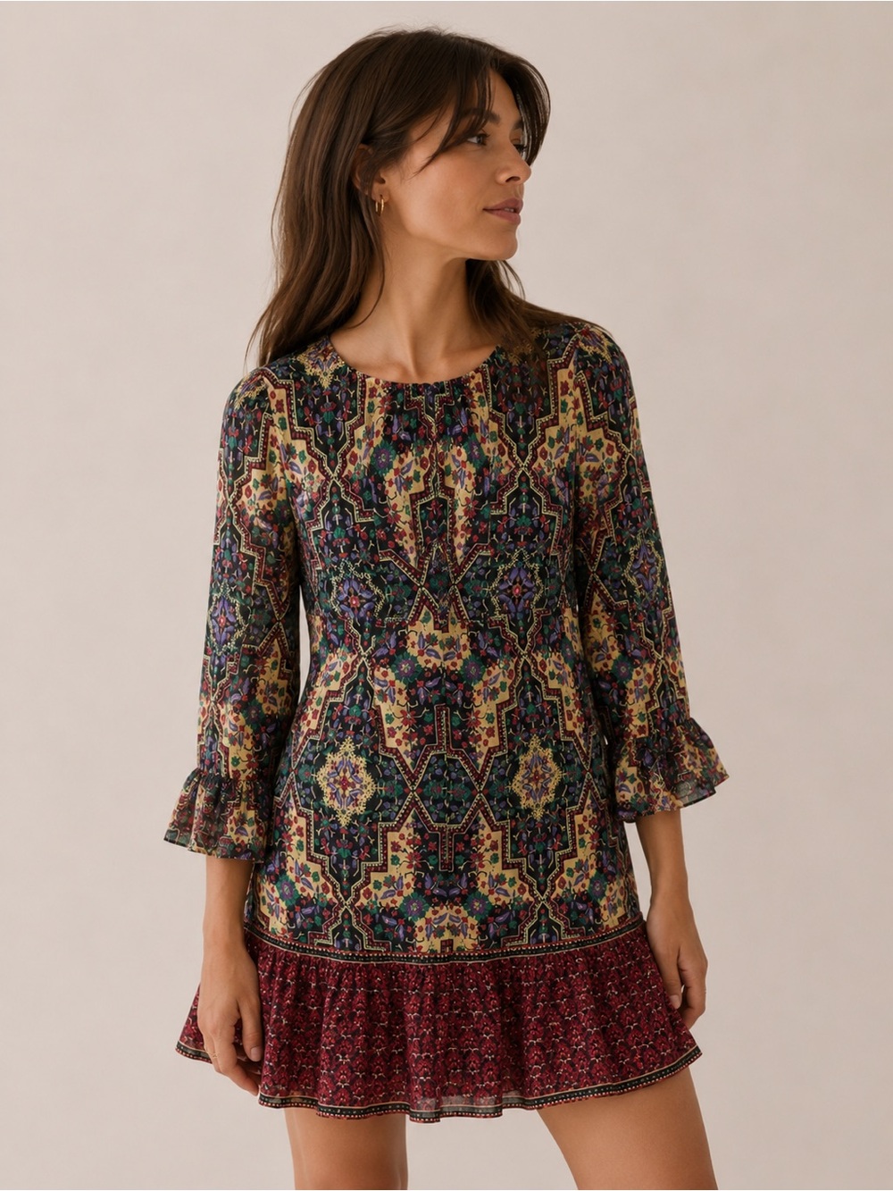 LOFT Boho Floral Geometric Drop Waist Ruffle Hem Long Sleeve Dress Size Medium